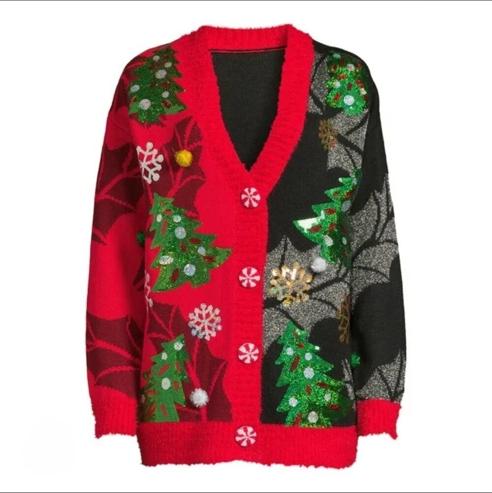 Holiday Time Womens M 8-10 Ugly Christmas Sweater Cardigan Holiday Sequins Poms